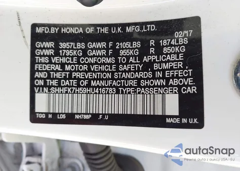 2017 Honda Civic Ex z USA, uszkodzony, nr VIN SHHFK7H59HU416783